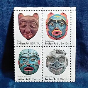Uncirculated USA 1980 Indian Art-Masks Block of Four 15 Cent Stamps!!